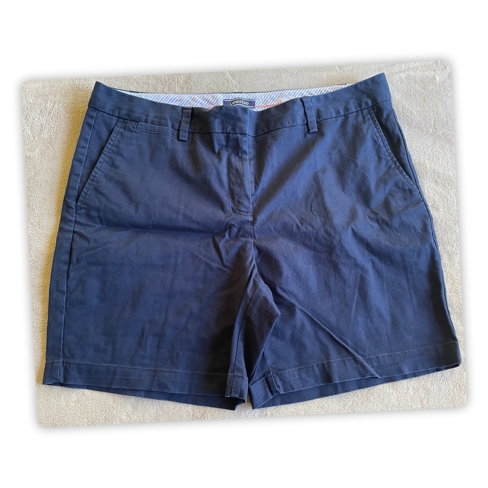 Lands' End Womens Navy Chino Shorts Size 16 Mid Rise Cotton Stretch Casual